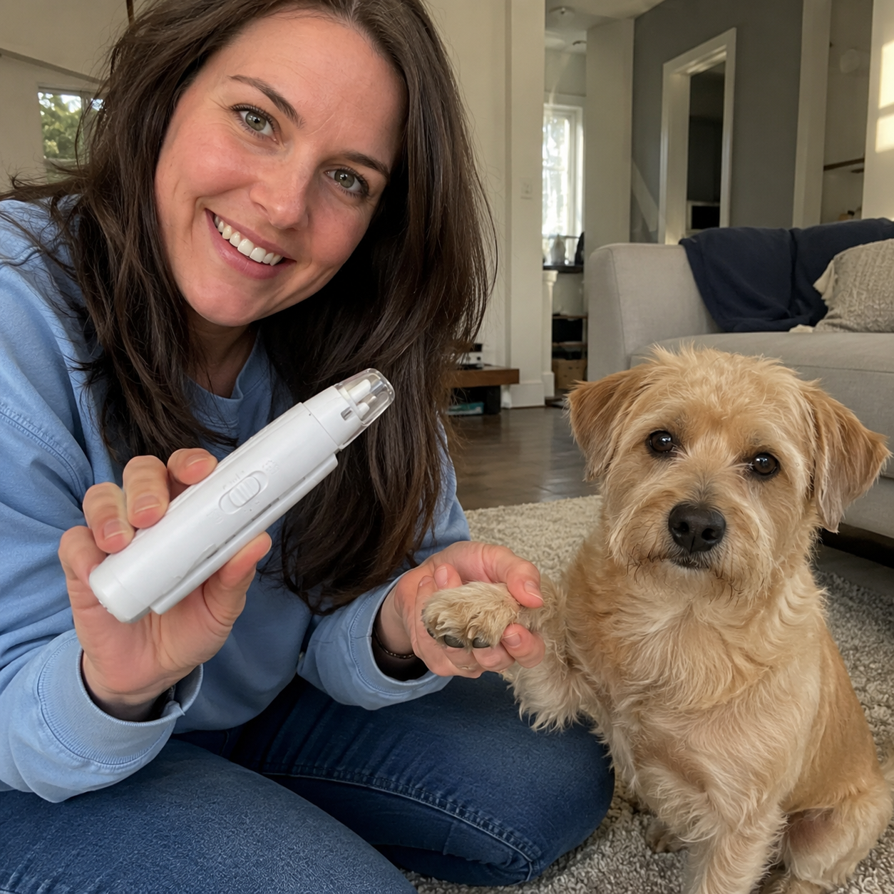 Pet owner introducing the PawPerfect nail grooming tool to her dog