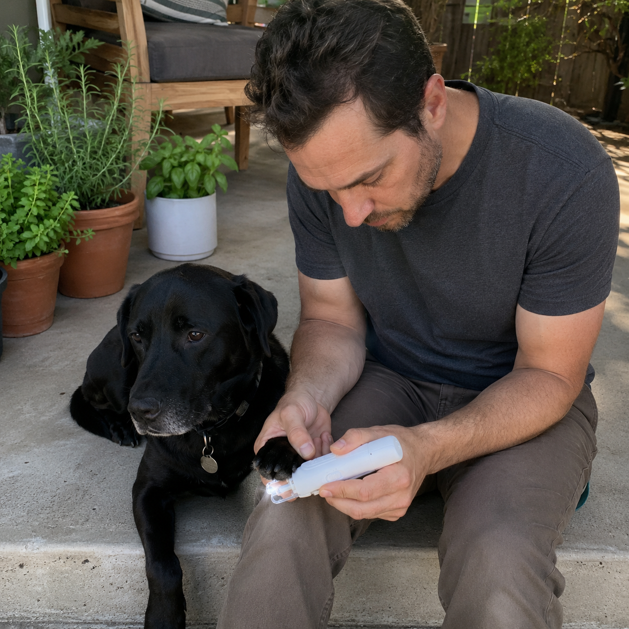 Pet owner carefully using PawPerfect on a black dog's paw