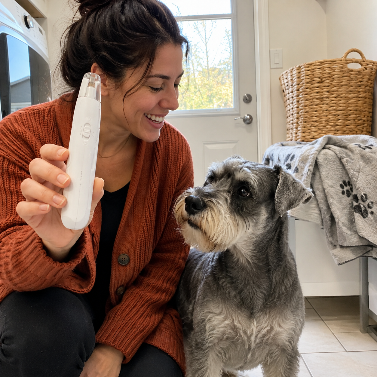 Pet owner showing the white PawPerfect 3-in-1 nail grooming tool