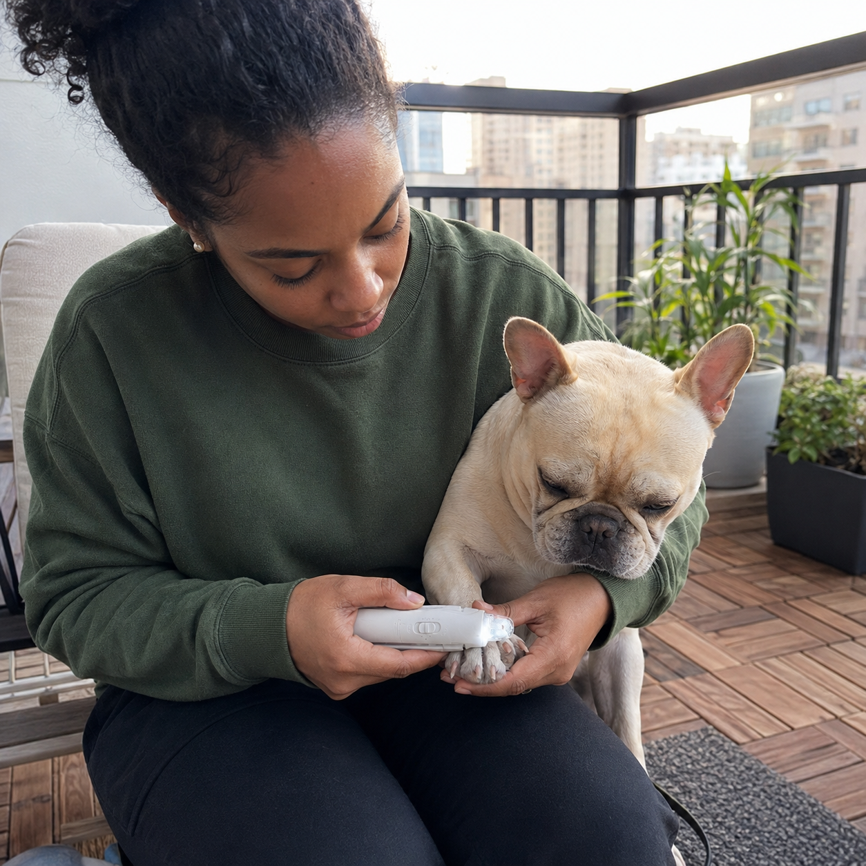 Pet owner using the PawPerfect LED nail tool on a French bulldog